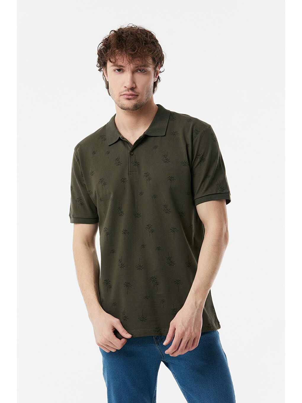 Haki Palmiye Baskılı Polo Yaka Tişört