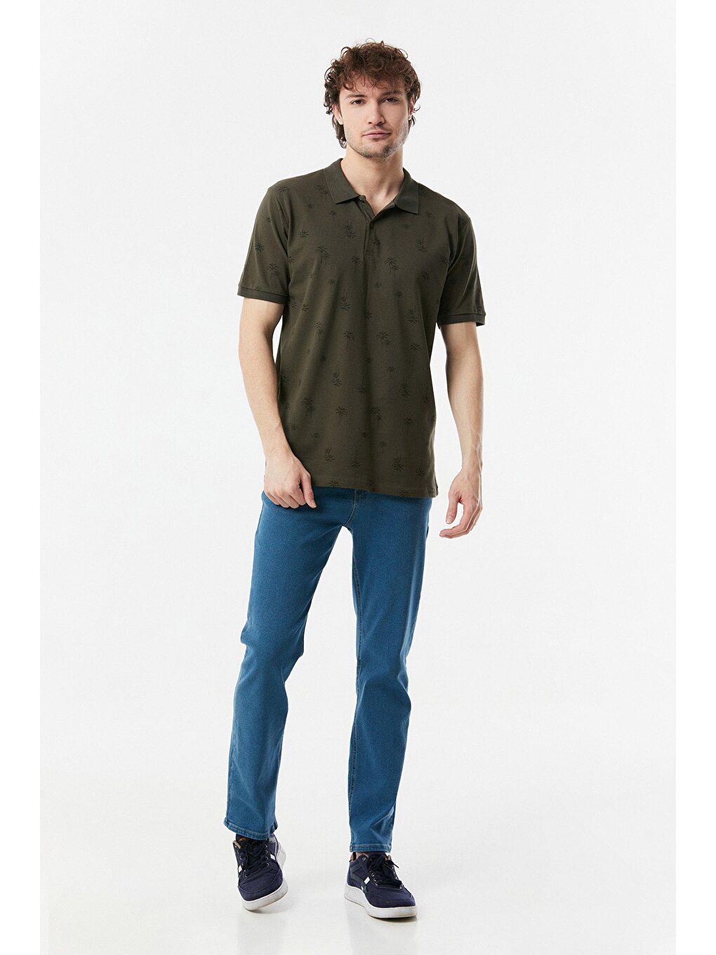 Haki Palmiye Baskılı Polo Yaka Tişört-1