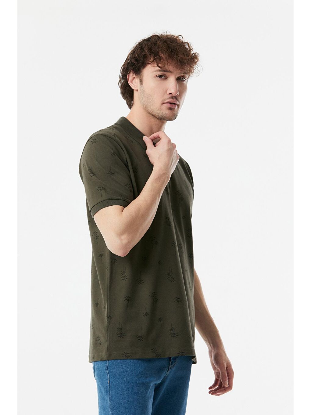 Haki Palmiye Baskılı Polo Yaka Tişört-2