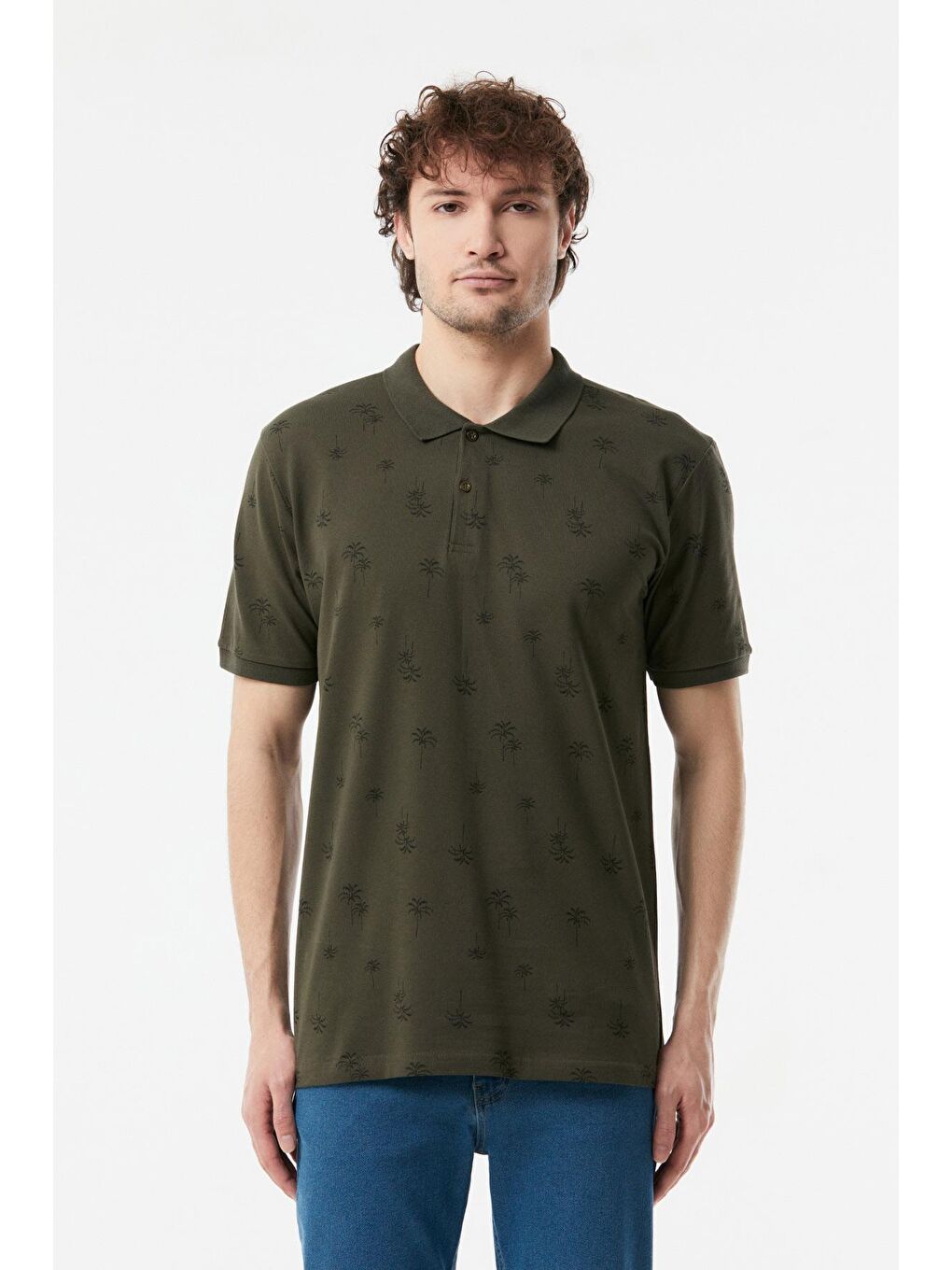 Haki Palmiye Baskılı Polo Yaka Tişört-4