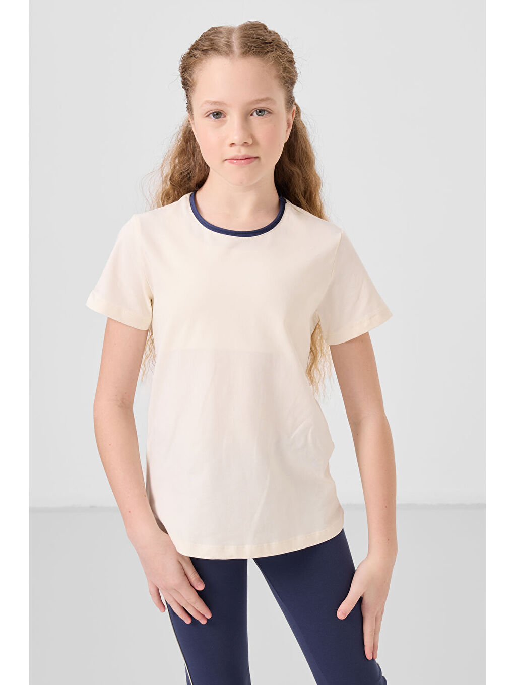 Lila Ekru-İndigo Pamuklu O Yaka Standart Fit Basic İspanyol Paça Kız Çocuk Tayt Takım - 75192-2