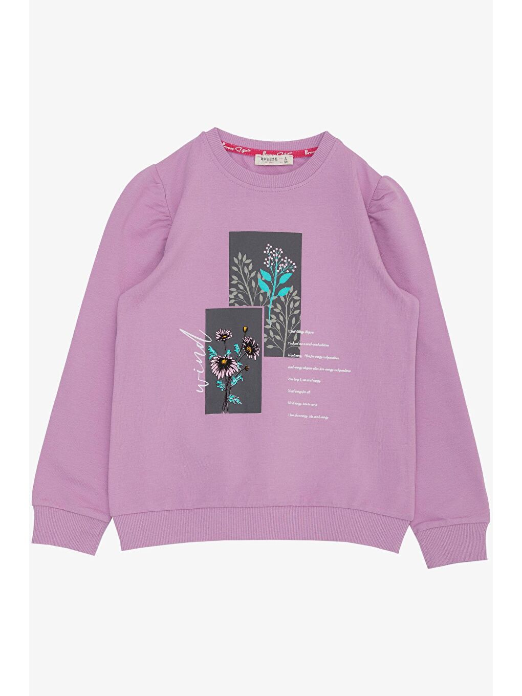 Breeze Koyu Lila Kız Çocuk Sweatshirt Çiçek & Yazı Baskılı Eflatun (6-12 Yaş)