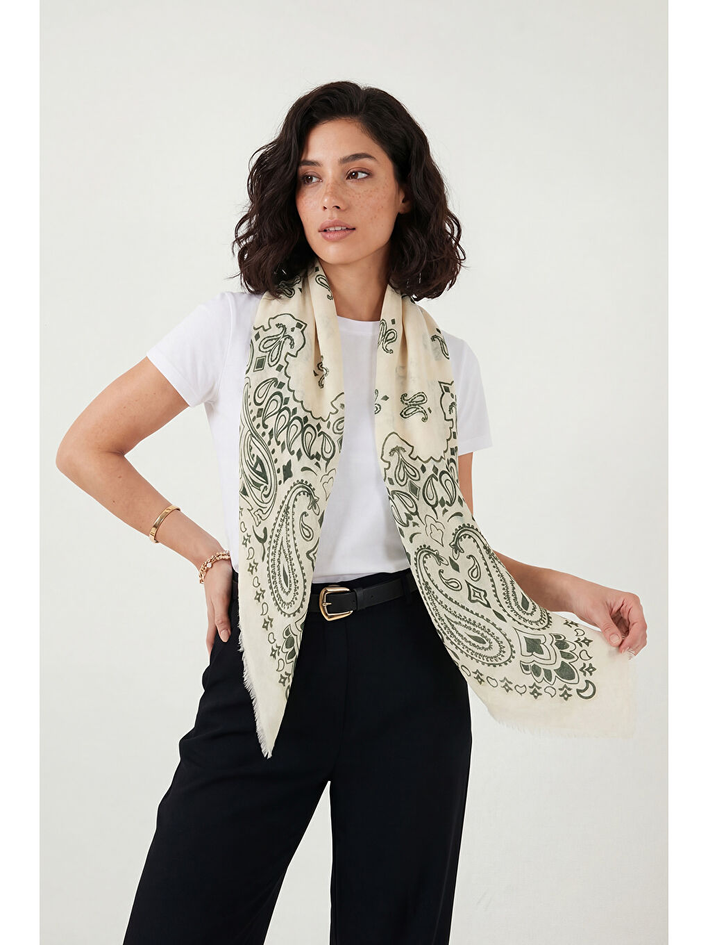 Haki Pamuklu 110 x 110 cm Desenli Kadın Şal 6941400-0