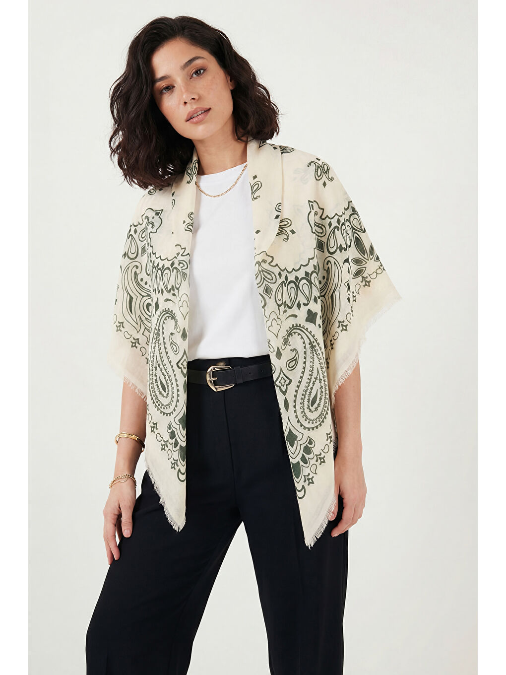 Haki Pamuklu 110 x 110 cm Desenli Kadın Şal 6941400-1