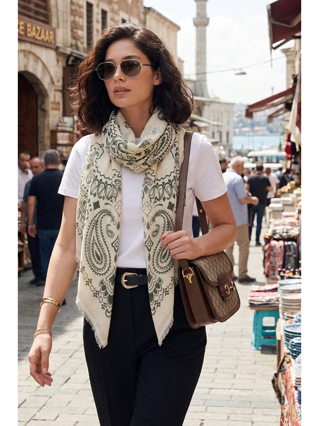 Haki Pamuklu 110 x 110 cm Desenli Kadın Şal 6941400-2