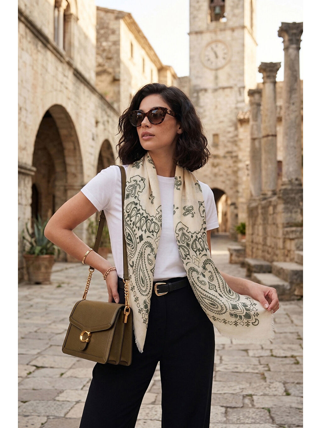 Haki Pamuklu 110 x 110 cm Desenli Kadın Şal 6941400-3