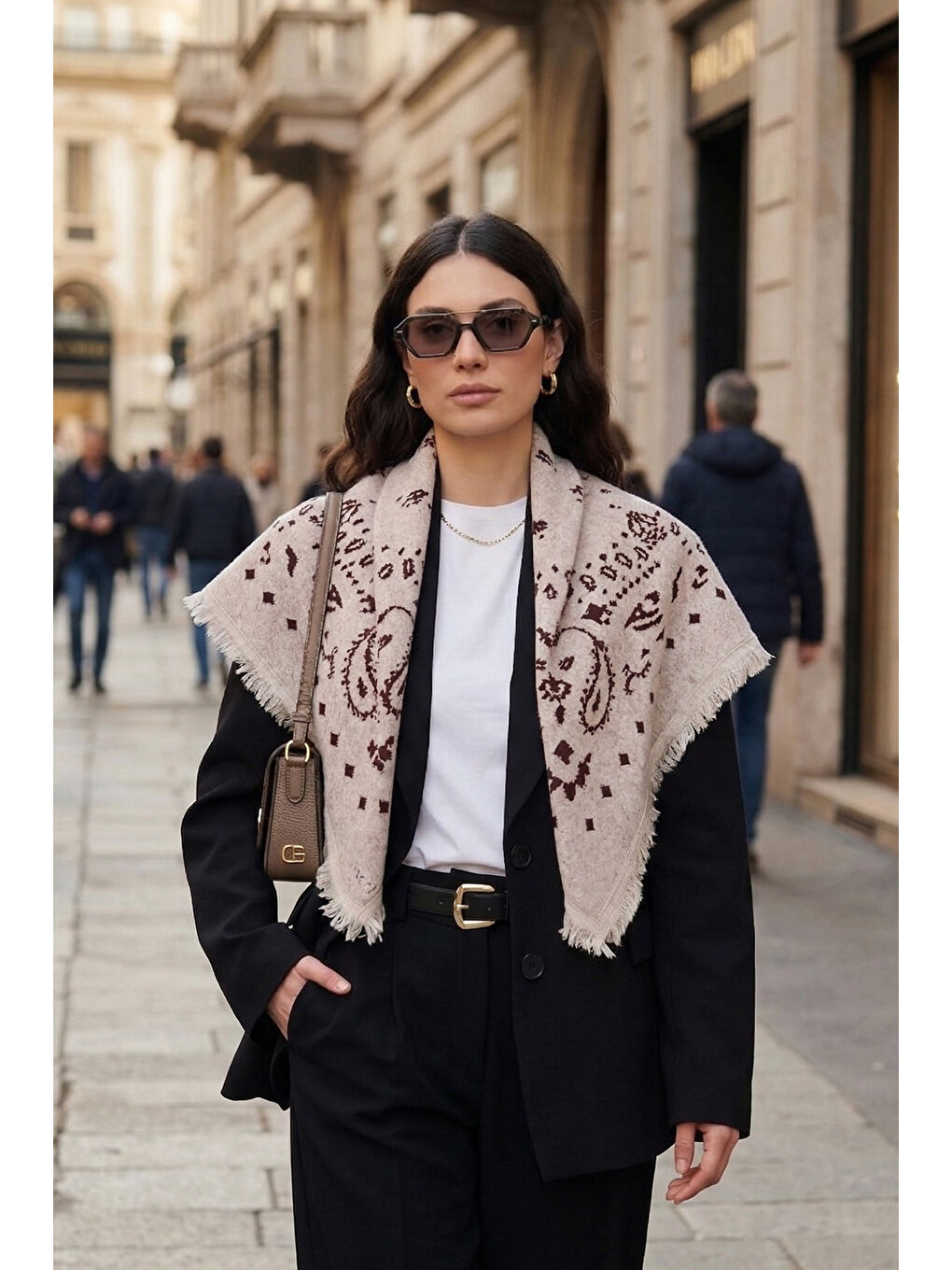 Bej Etnik Desenli Saçaklı 100 x 100 cm Şal 6941300-3