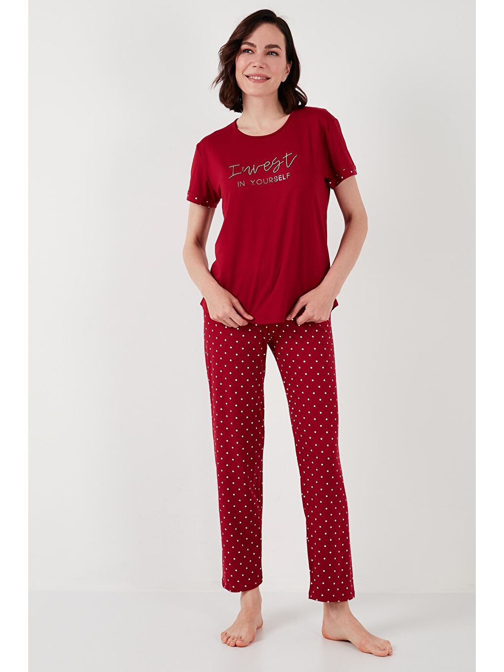 Lela Bordo Bambu Karışımlı Yumuşak Dokulu Bisiklet Yaka Pijama Takımı Kadın 6097605 - 1