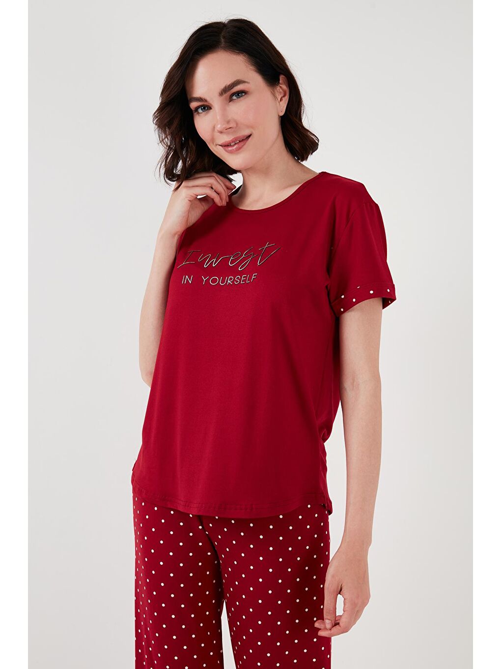 Lela Bordo Bambu Karışımlı Yumuşak Dokulu Bisiklet Yaka Pijama Takımı Kadın 6097605 - 2