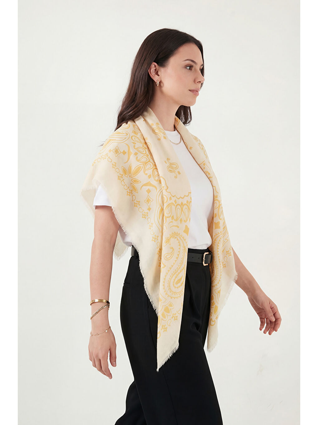 Sarı Pamuklu 110 x 110 cm Desenli Kadın Şal 6941400-1