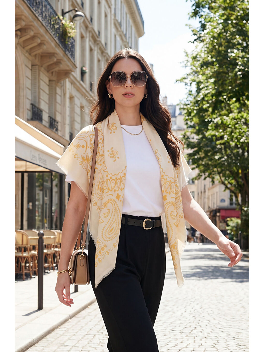 Sarı Pamuklu 110 x 110 cm Desenli Kadın Şal 6941400-2