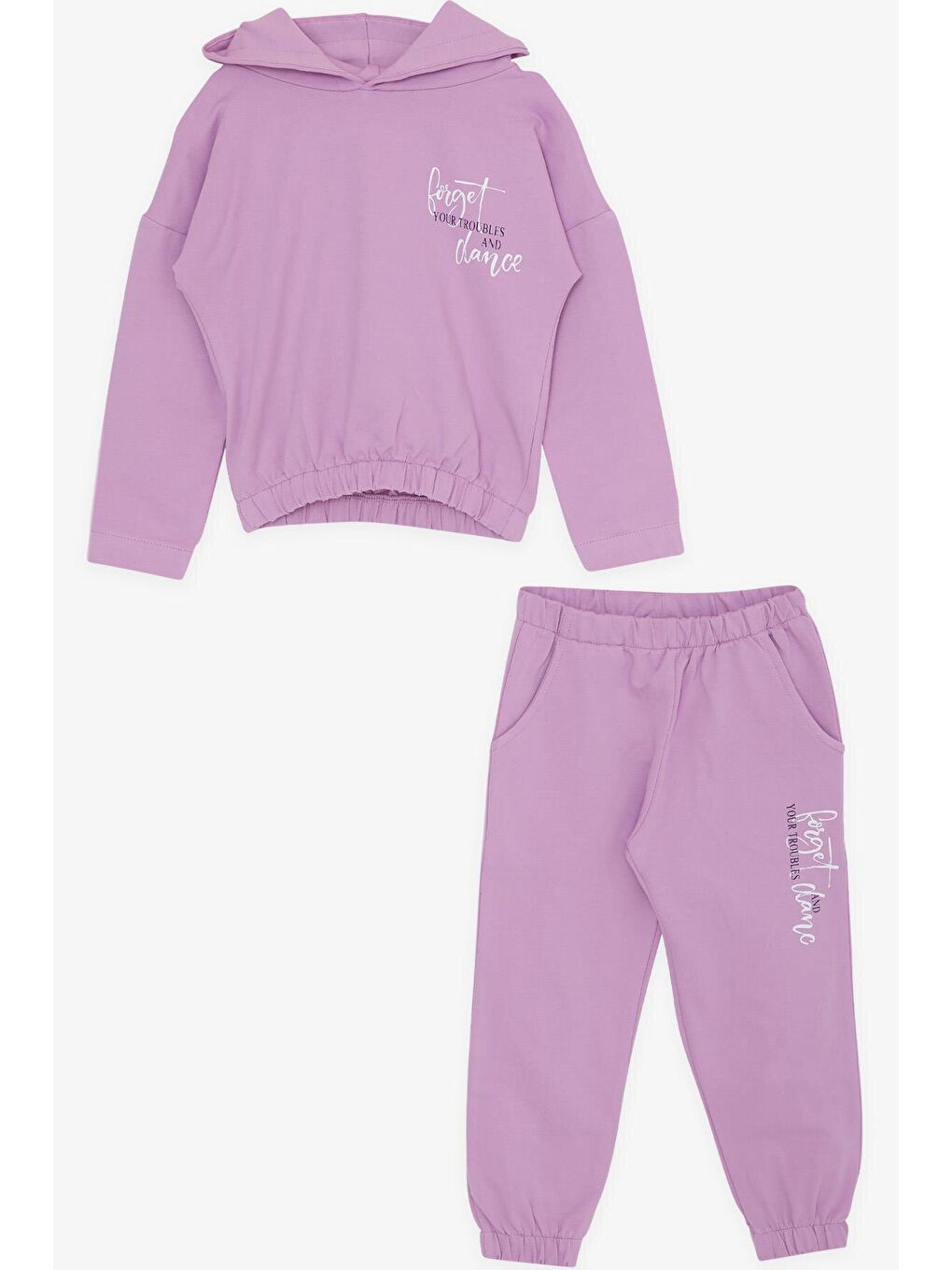 Kız Çocuk EşofmanTakımı Yazı Baskılı Kapüşonlu Cepli Lila (3-7 Yaş)