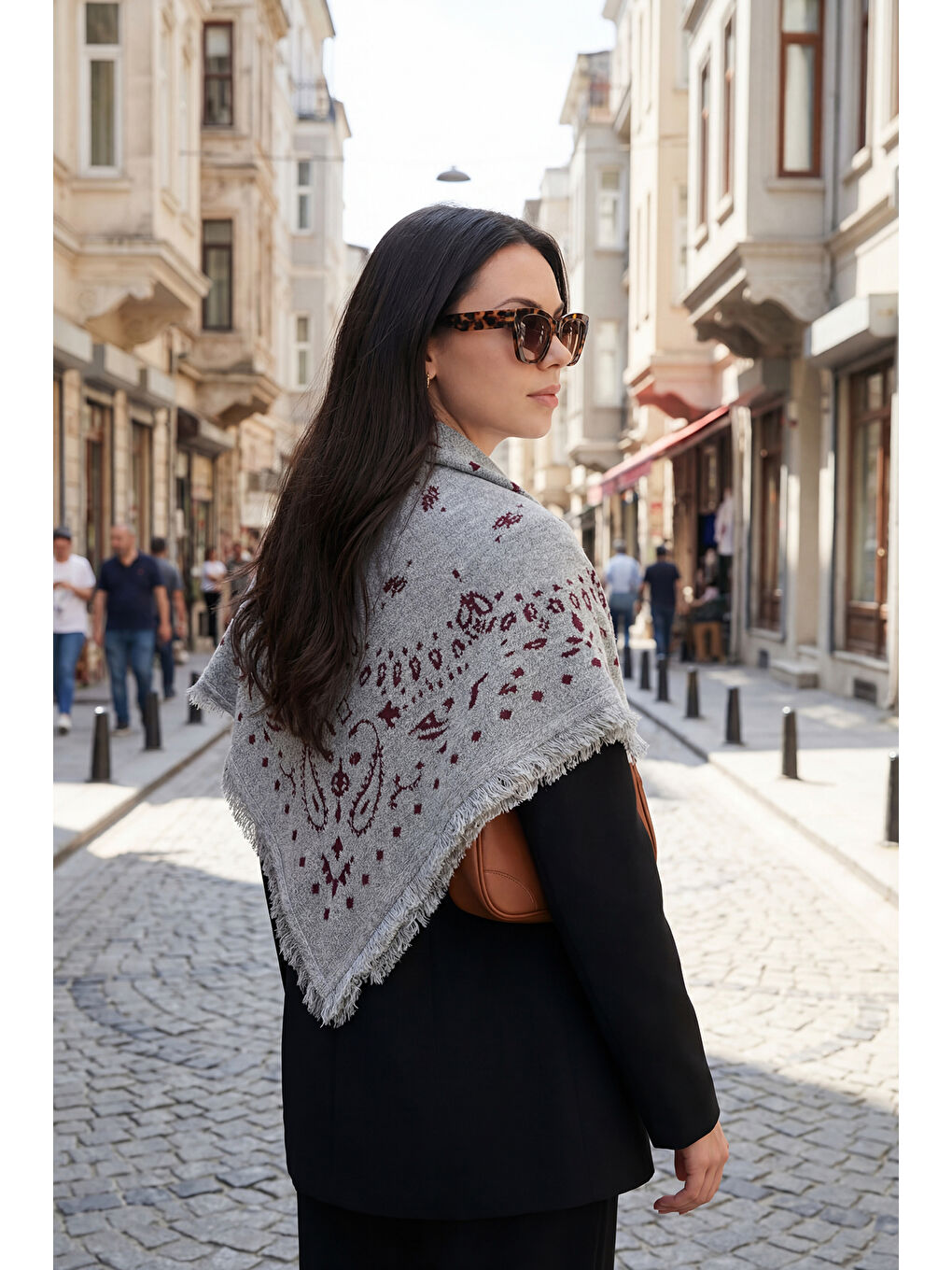 Gri Saçaklı Etnik Desenli 100 x 100 cm Şal 6941302-2
