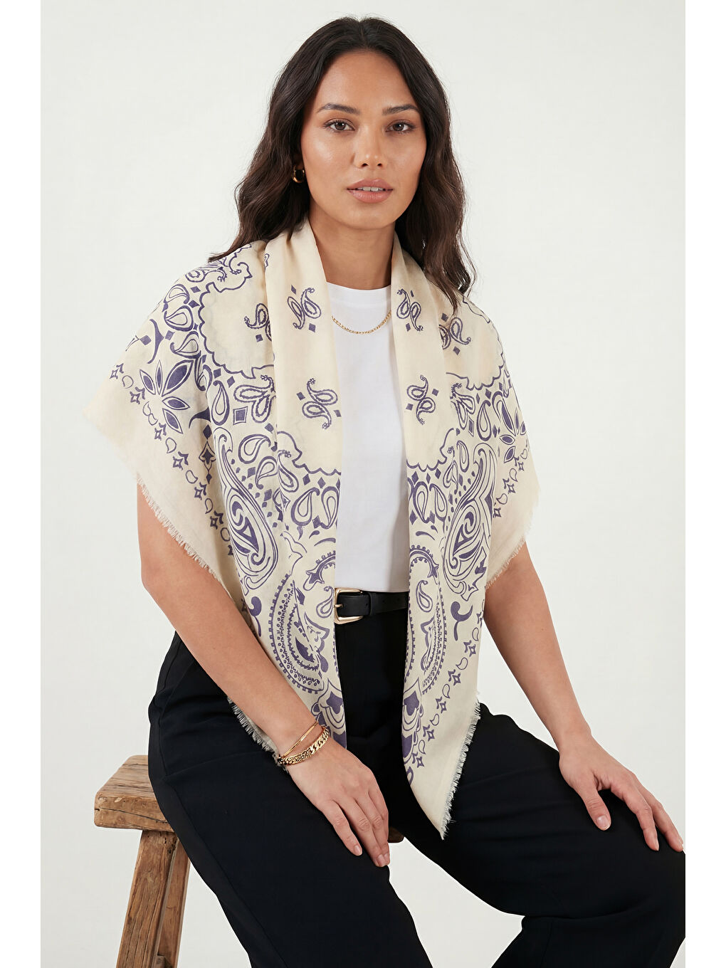 Lacivert Pamuklu 110 x 110 cm Desenli Kadın Şal 6941400-2