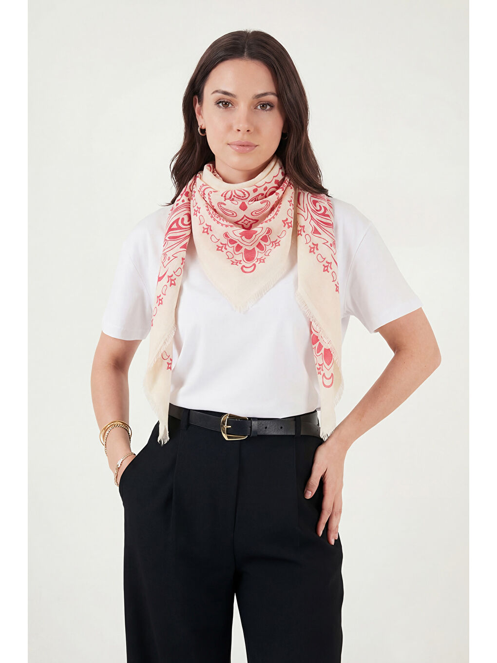 Fuşya Pamuklu 110 x 110 cm Desenli Kadın Şal 6941400