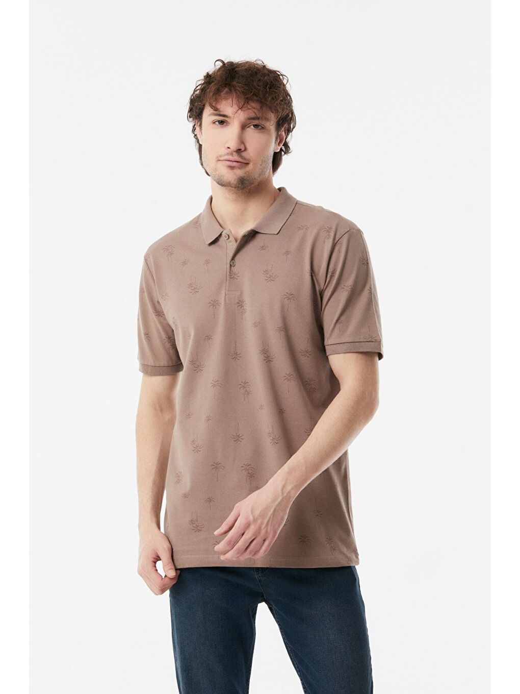 Bej Palmiye Baskılı Polo Yaka Tişört