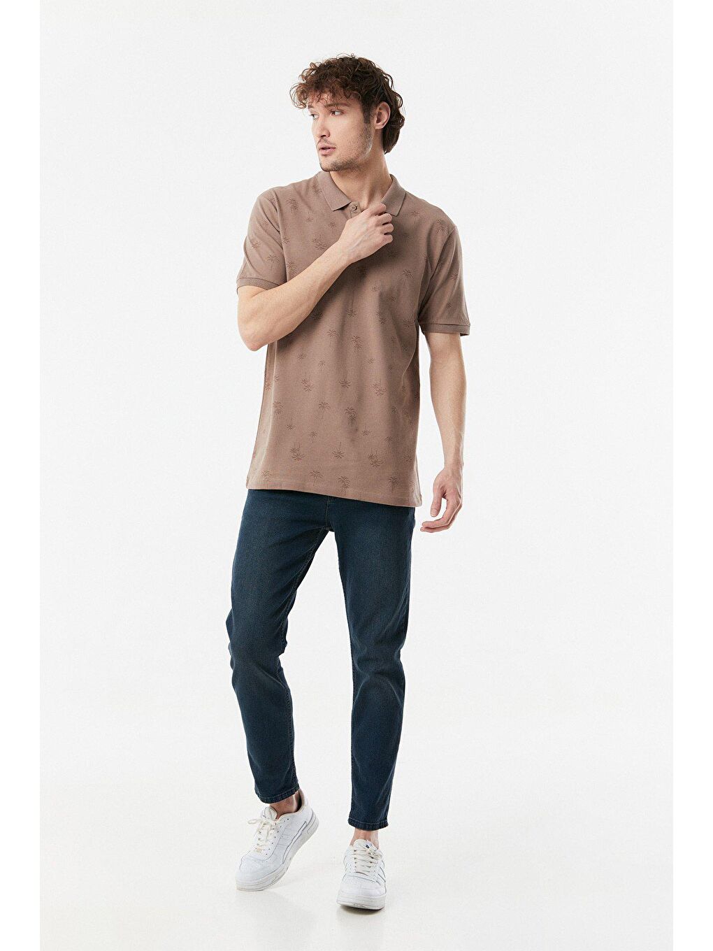 Bej Palmiye Baskılı Polo Yaka Tişört-1