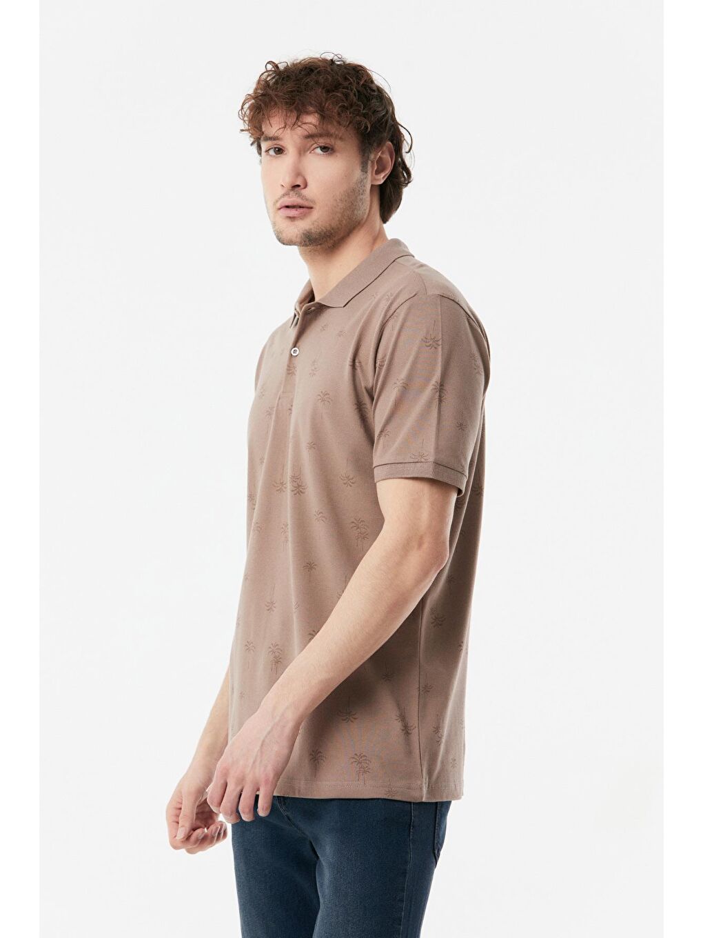 Bej Palmiye Baskılı Polo Yaka Tişört-2