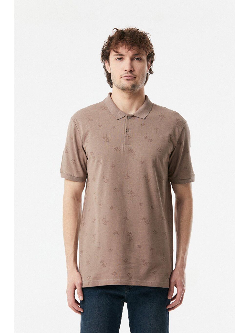 Bej Palmiye Baskılı Polo Yaka Tişört-4