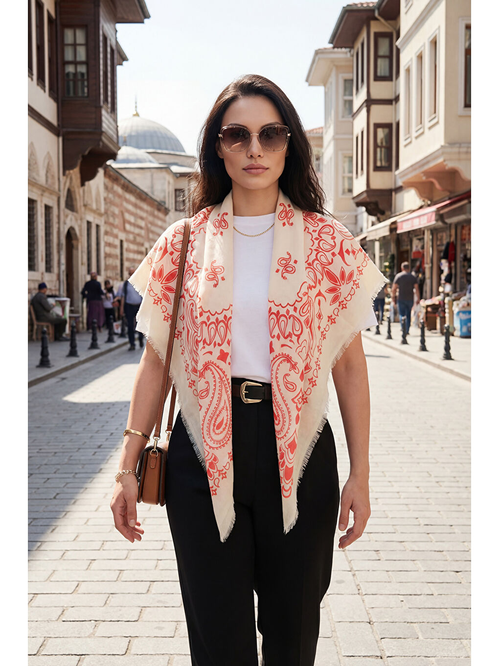Mercan Pamuklu 110 x 110 cm Desenli Kadın Şal 6941400-2