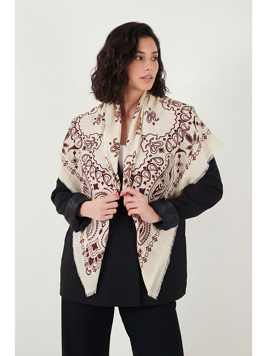 Bordo Pamuklu 110 x 110 cm Desenli Kadın Şal 6941400-4