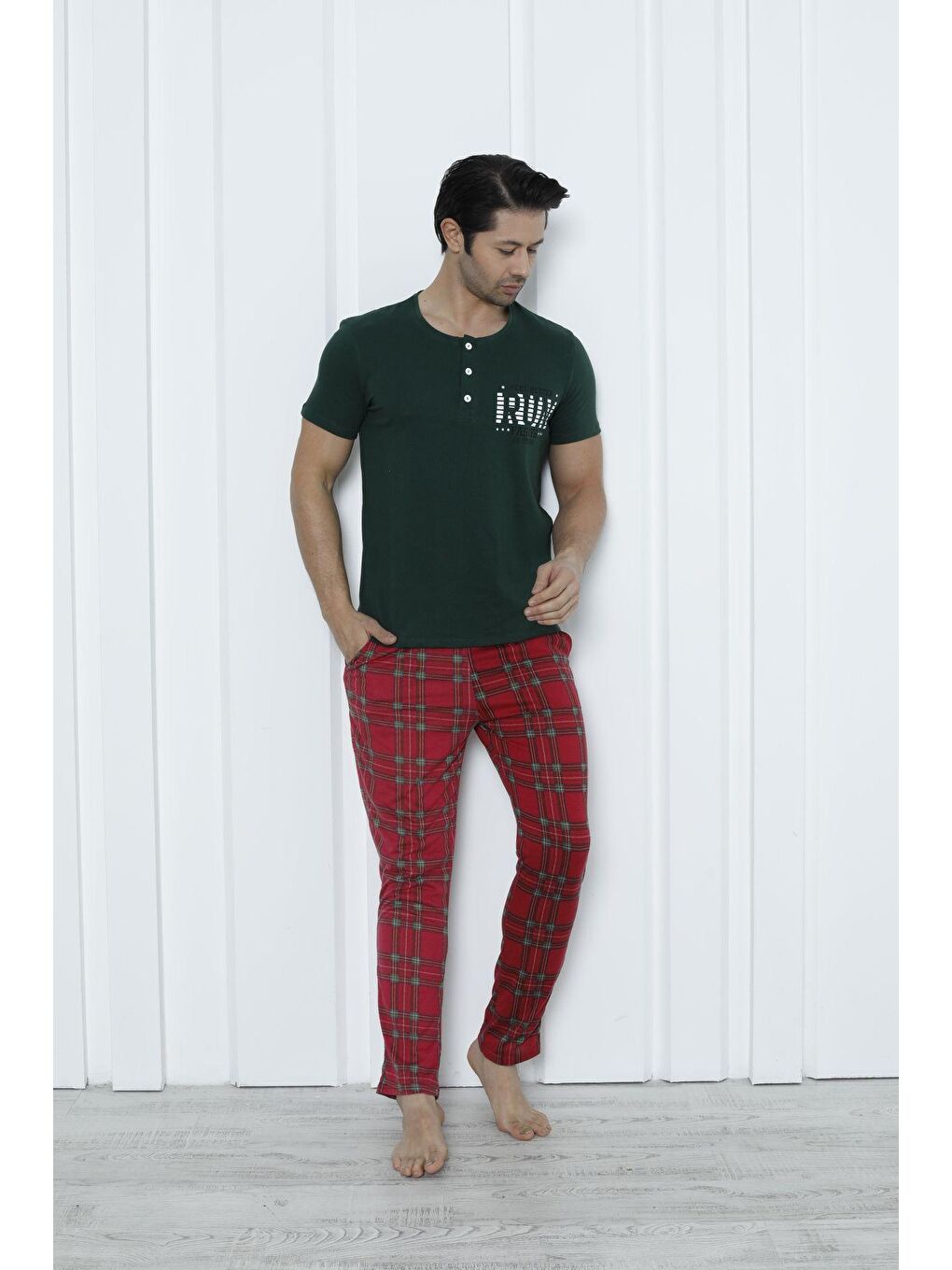 Yeşil Pamuklu Kısa Kol %100 Pamuk Yılbaşı Temalı Pijama Takım 4991-19-1