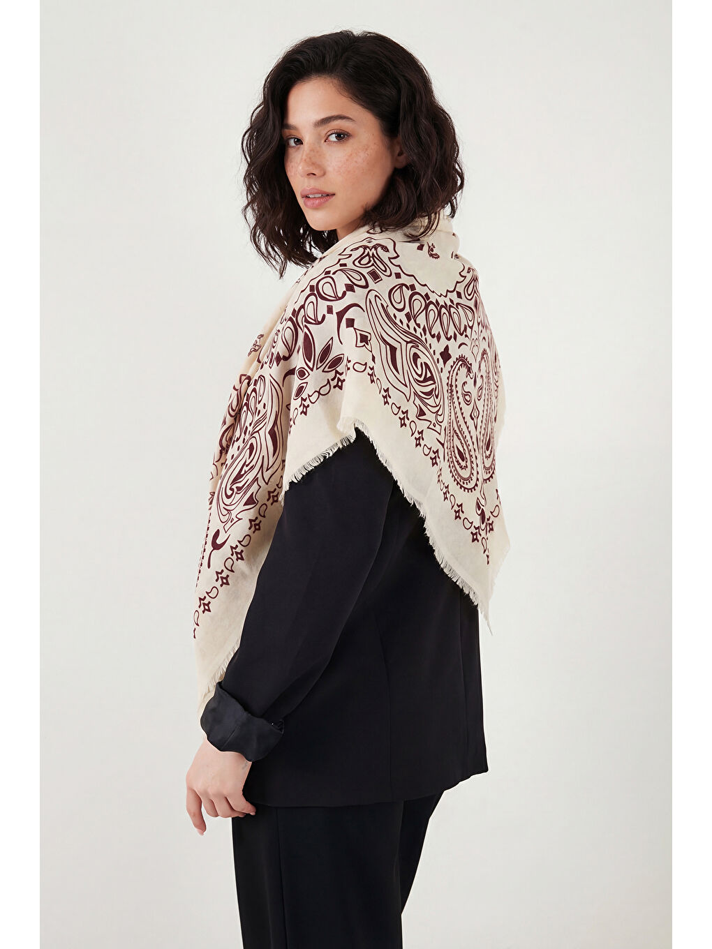 Bordo Pamuklu 110 x 110 cm Desenli Kadın Şal 6941400-5