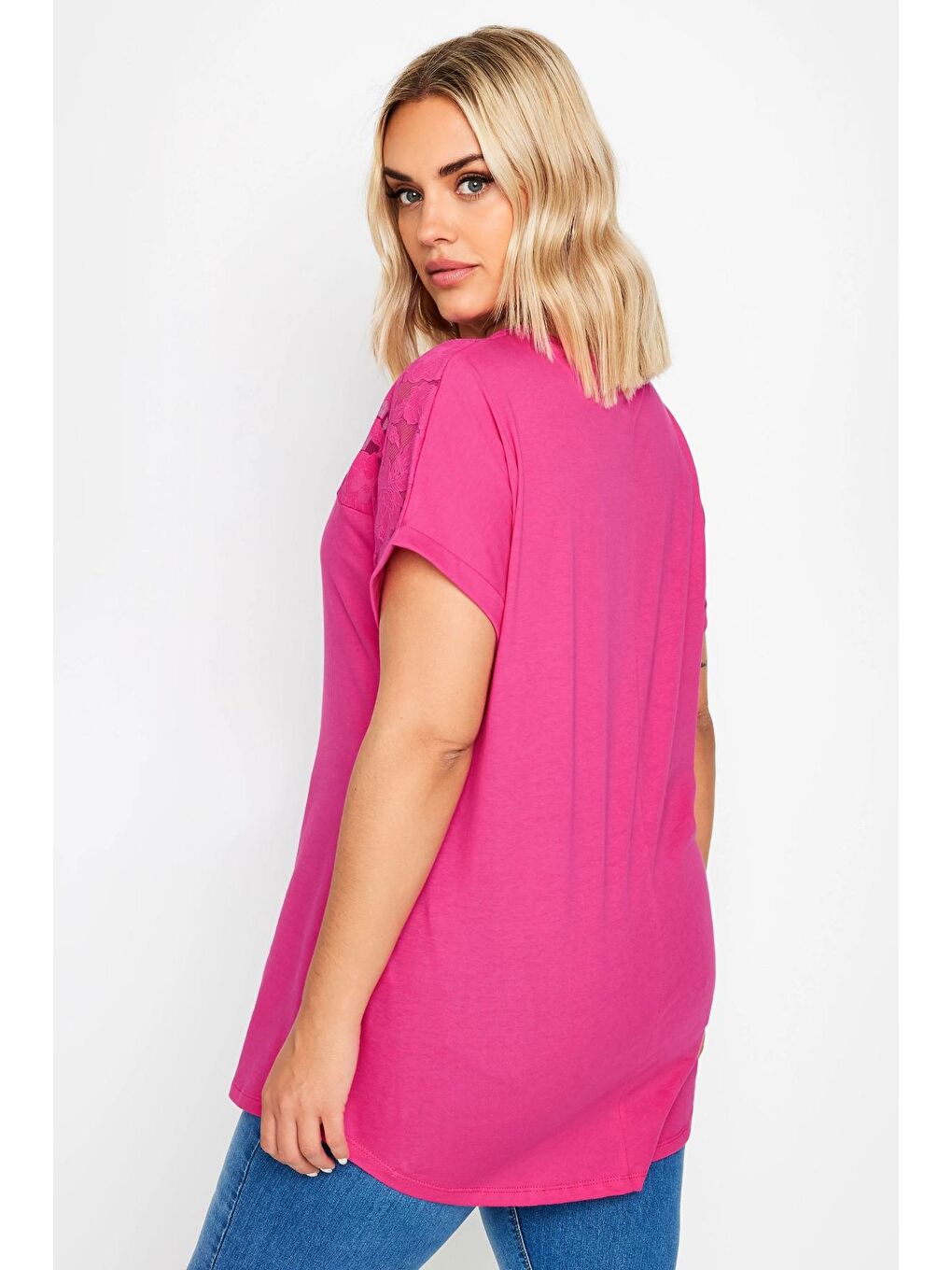 Stil Diva Pembe Büyük Beden Bisiklet Yaka Tül Detaylı Kısa Kollu T-shirt 321835 - 4