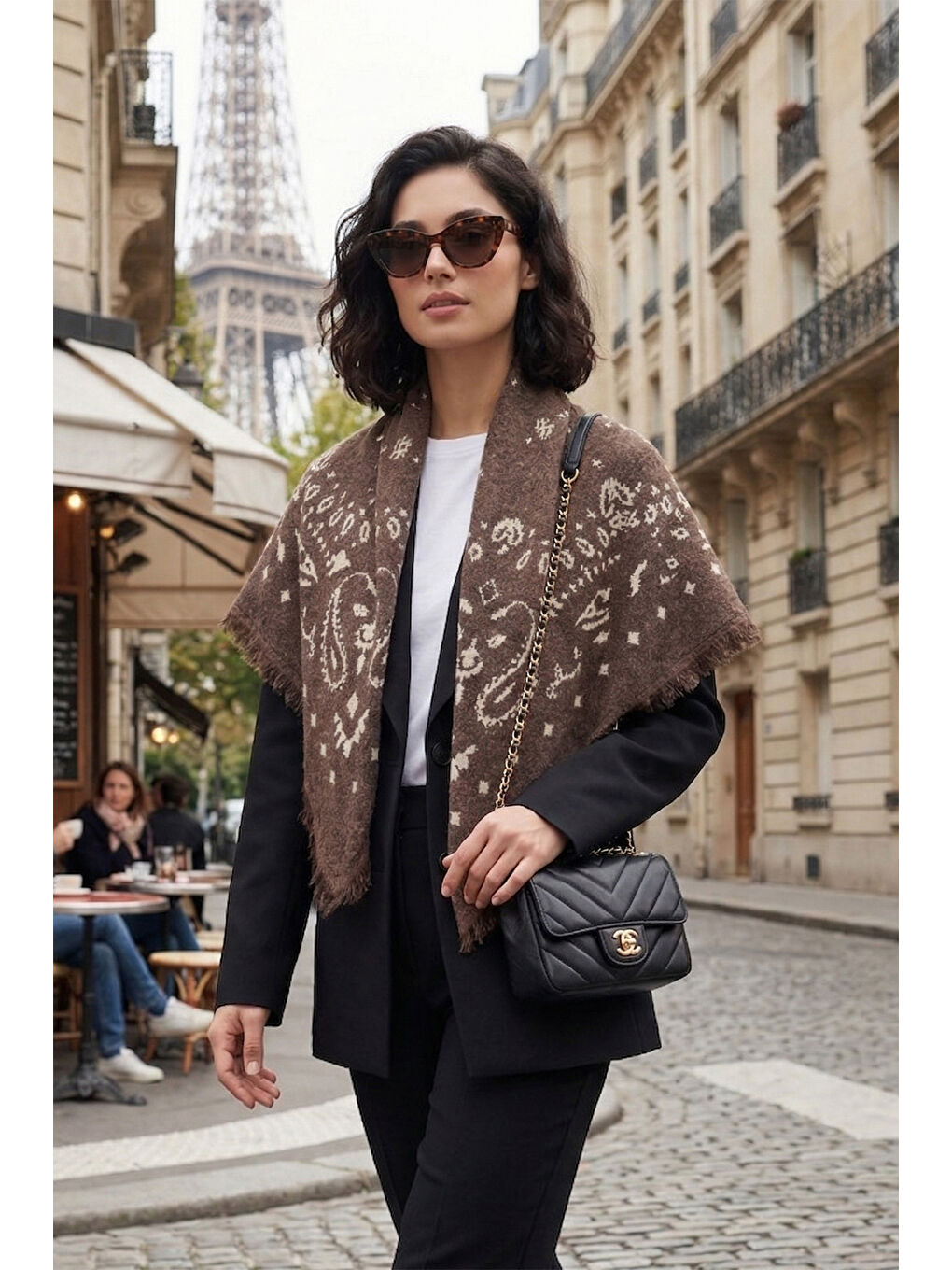 Kahverengi Etnik Desenli Saçaklı 100 x 100 cm Şal 6941300-2