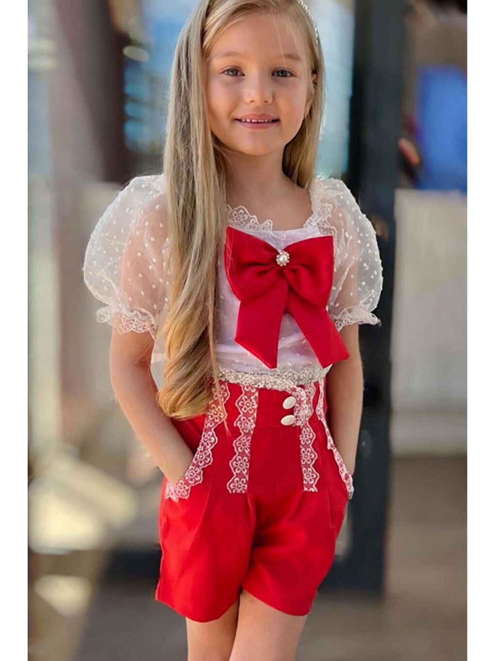 Kız Çocuk Kare Yaka Şeffaf Tül Detaylı Kırmızı Şortlu Takım-2