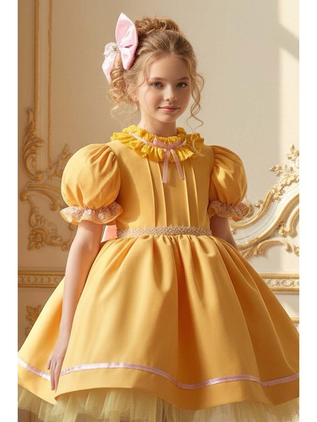 Kız Çocuk Palyaço Yaka ve Fırfırlı Beli İnci Şerit Detaylı Balon Kollu Kabarık Sarı Abiye