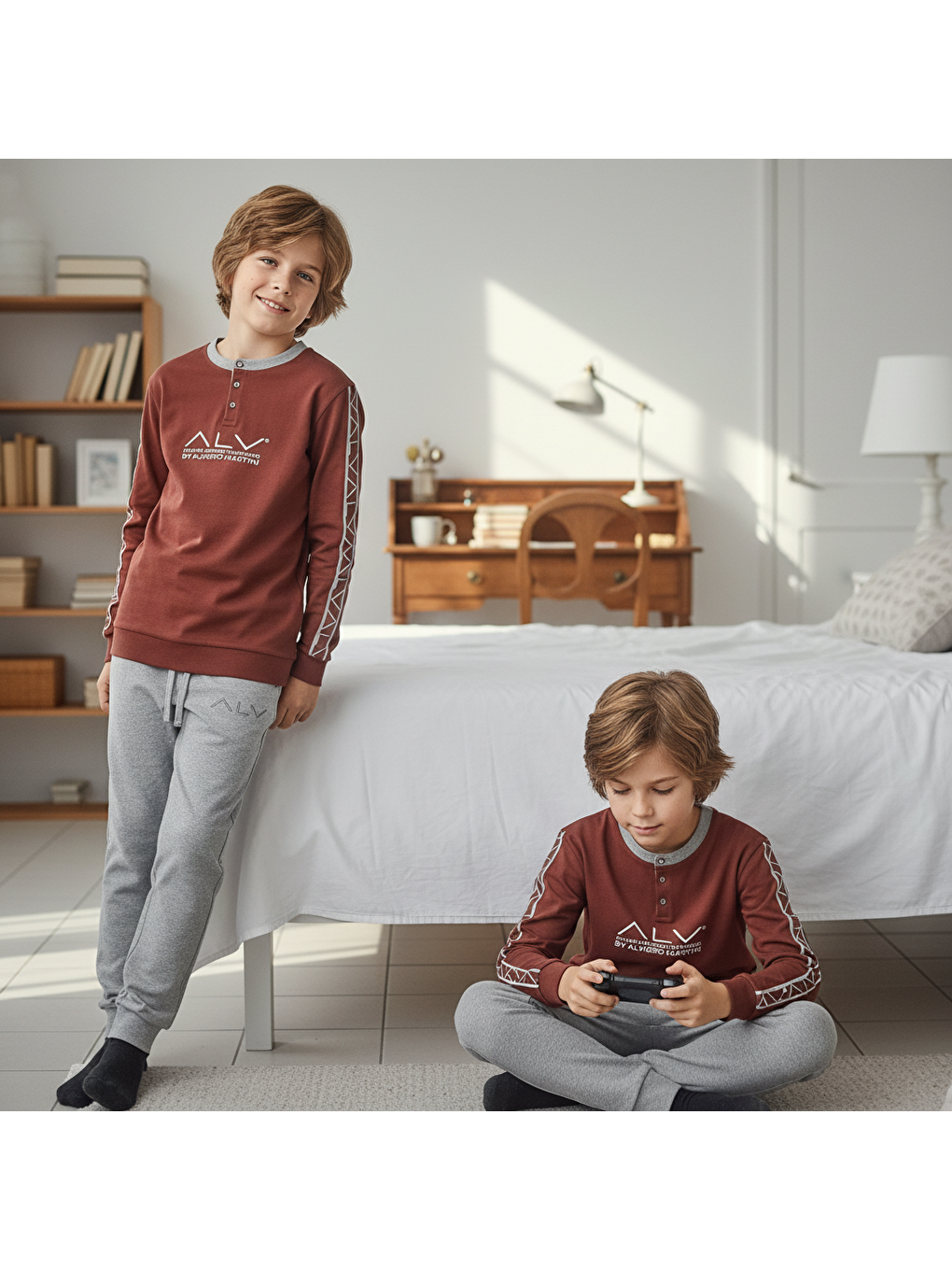 Kahverengi Genç Erkek Pamuklu Kahve Desenli Renk Pijama Takımı Al003 V1 Bb2434-1