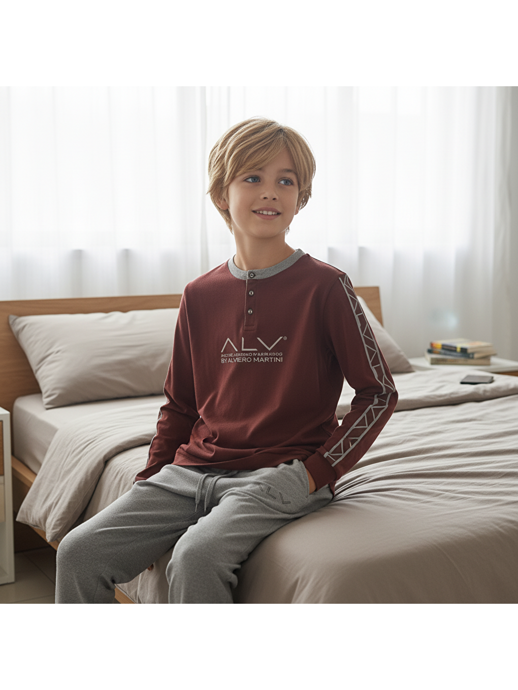 Kahverengi Genç Erkek Pamuklu Kahve Desenli Renk Pijama Takımı Al003 V1 Bb2434-2