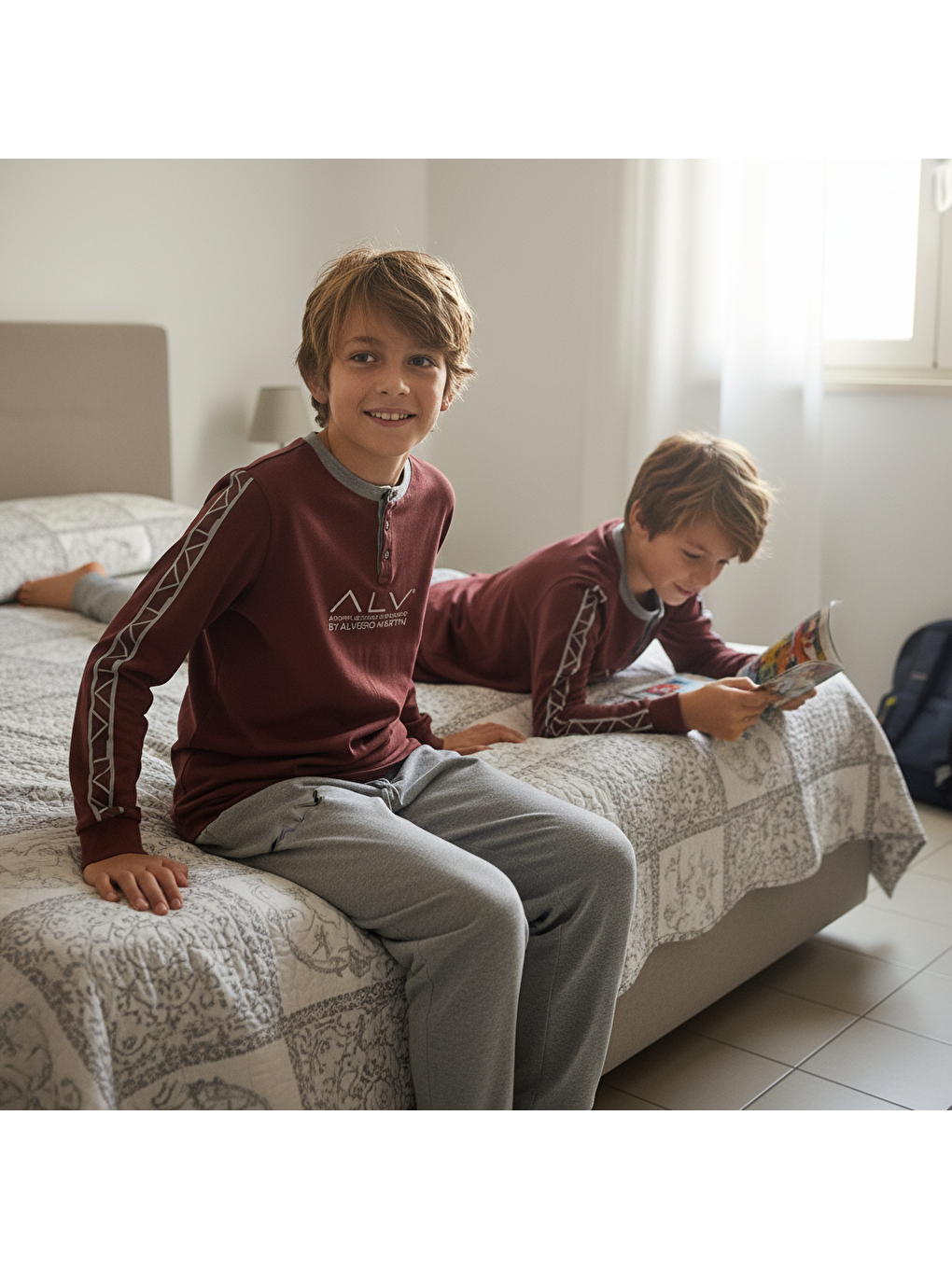 Kahverengi Genç Erkek Pamuklu Kahve Desenli Renk Pijama Takımı Al003 V1 Bb2434-3