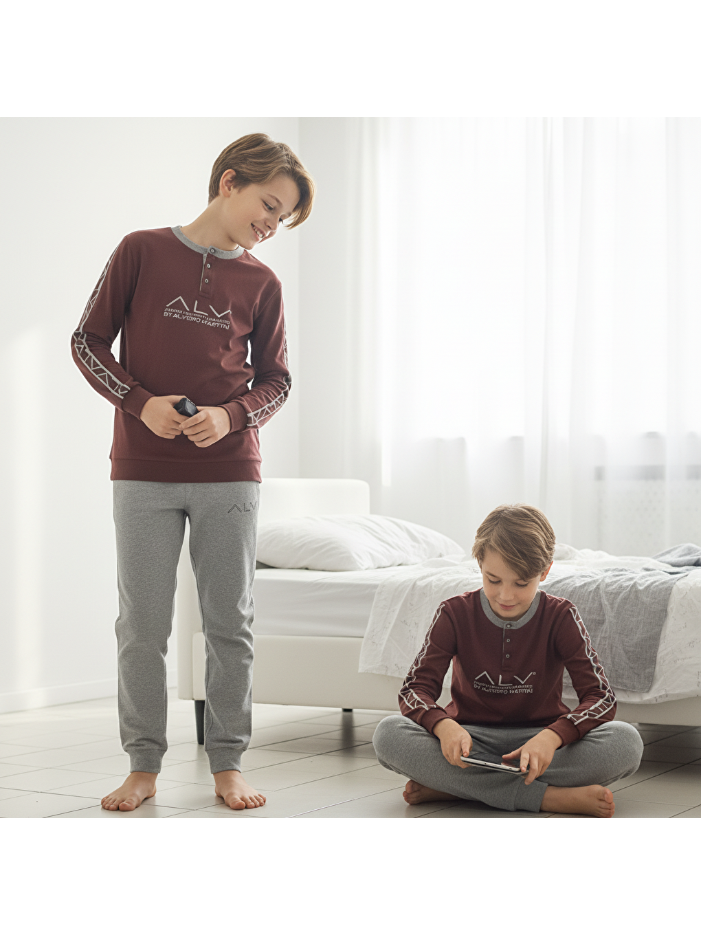 Kahverengi Genç Erkek Pamuklu Kahve Desenli Renk Pijama Takımı Al003 V1 Bb2434-4