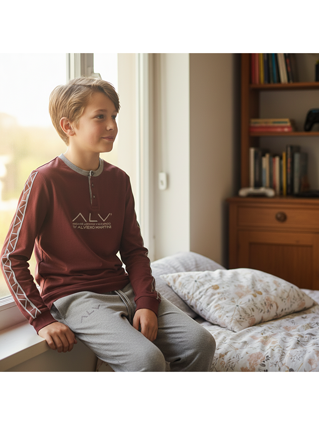 Kahverengi Genç Erkek Pamuklu Kahve Desenli Renk Pijama Takımı Al003 V1 Bb2434-5