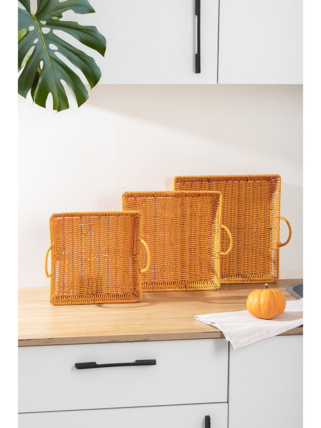 Kahverengi 709-D Kare 3'lü Dekoratif Ev Banyo Mutfak Düzenleyici Kulplu Hasır Sepet Seti Hasır Tepsi-1