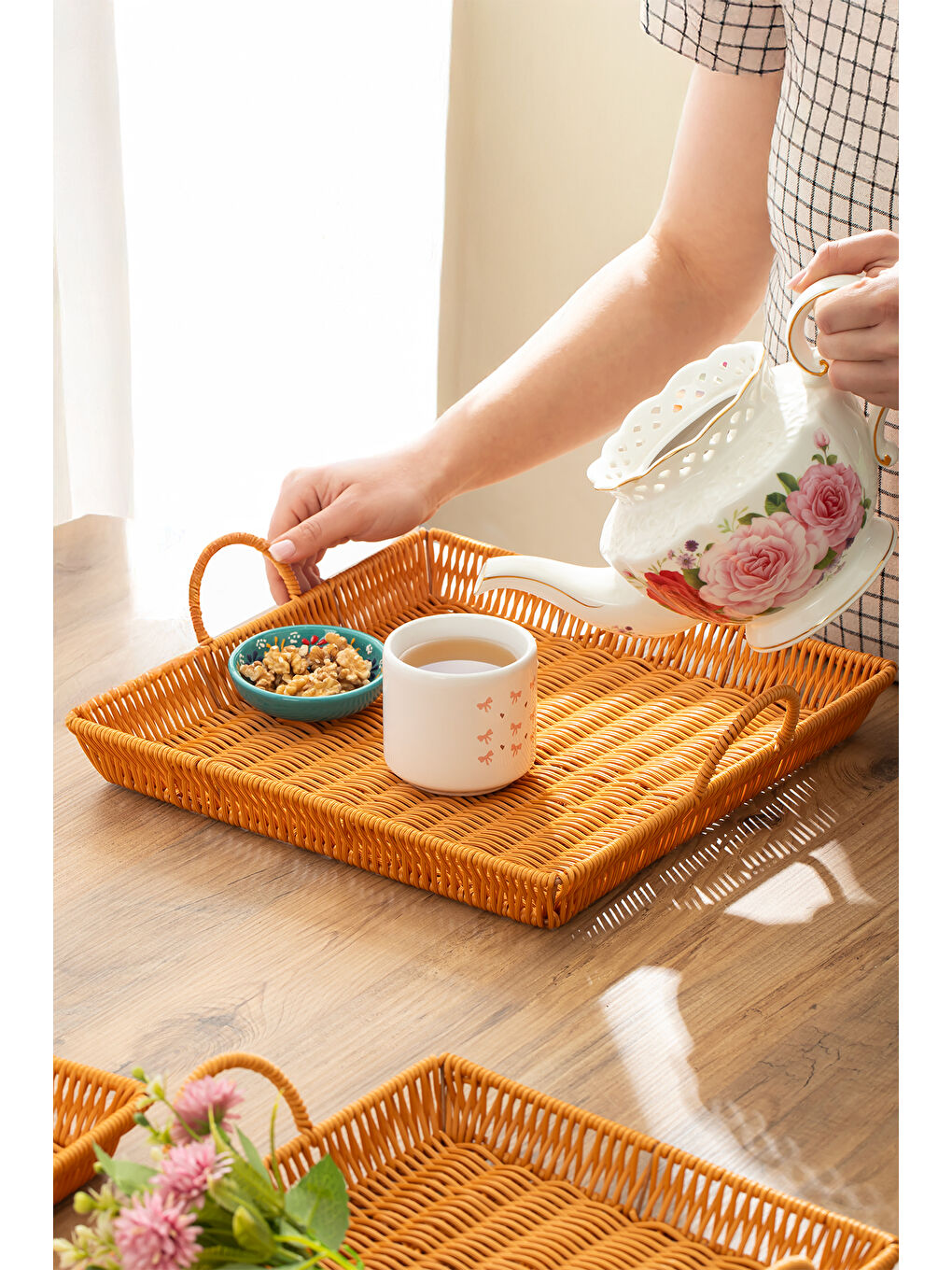 Kahverengi 709-D Kare 3'lü Dekoratif Ev Banyo Mutfak Düzenleyici Kulplu Hasır Sepet Seti Hasır Tepsi-3