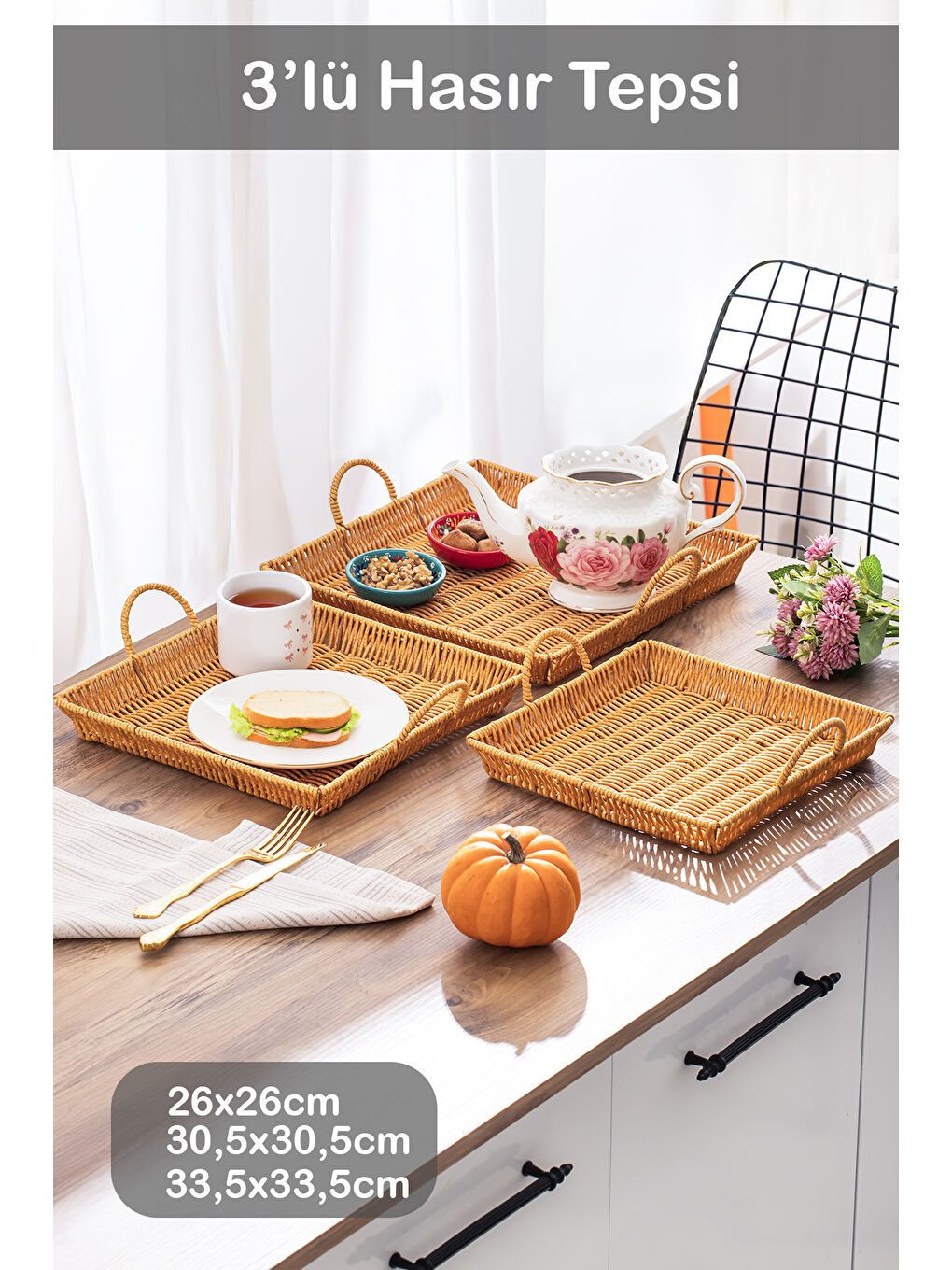 Kahverengi 709-B Kare 3'lü Dekoratif Ev Banyo Mutfak Düzenleyici Kulplu Hasır Sepet Seti Hasır Tepsi