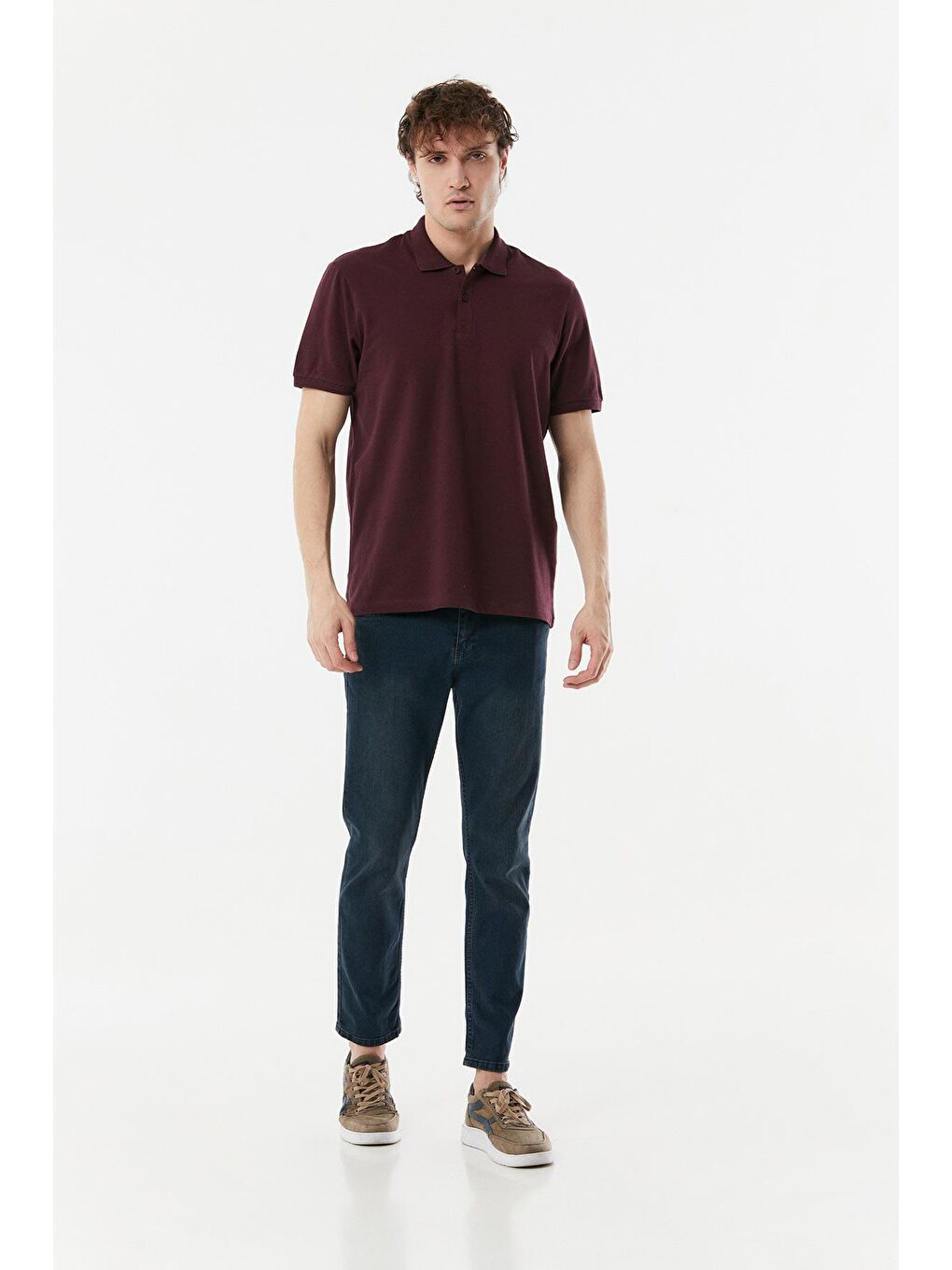 Bordo Basic Polo Yaka Düğmeli Tişört-1