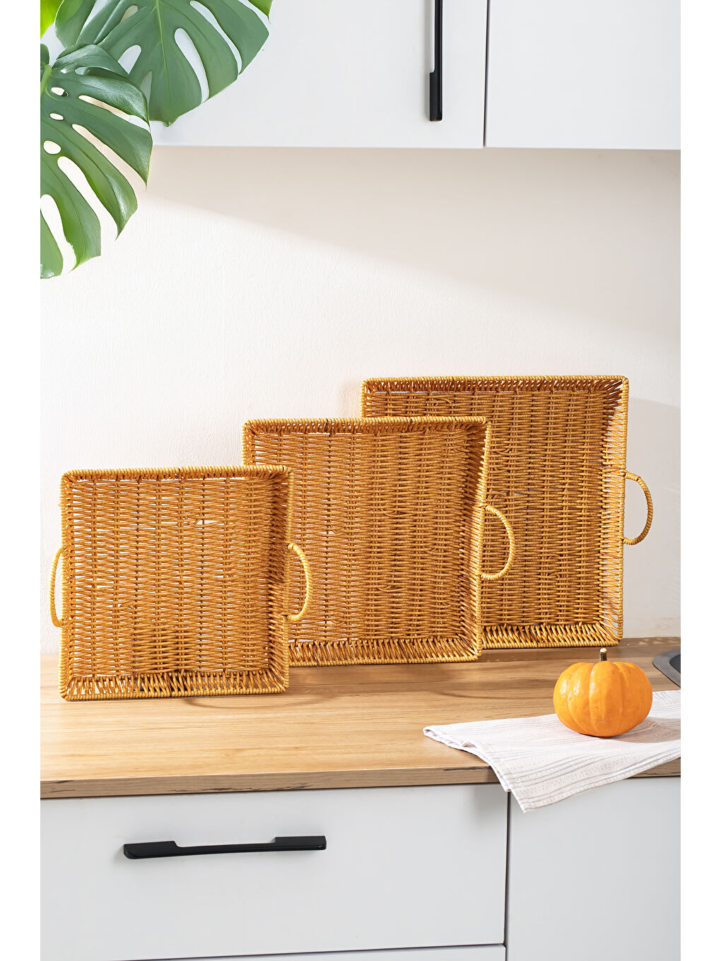 Kahverengi 709-B Kare 3'lü Dekoratif Ev Banyo Mutfak Düzenleyici Kulplu Hasır Sepet Seti Hasır Tepsi-1