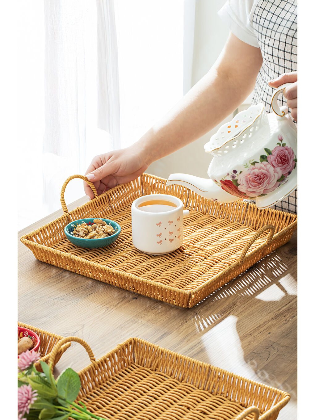 Kahverengi 709-B Kare 3'lü Dekoratif Ev Banyo Mutfak Düzenleyici Kulplu Hasır Sepet Seti Hasır Tepsi-2