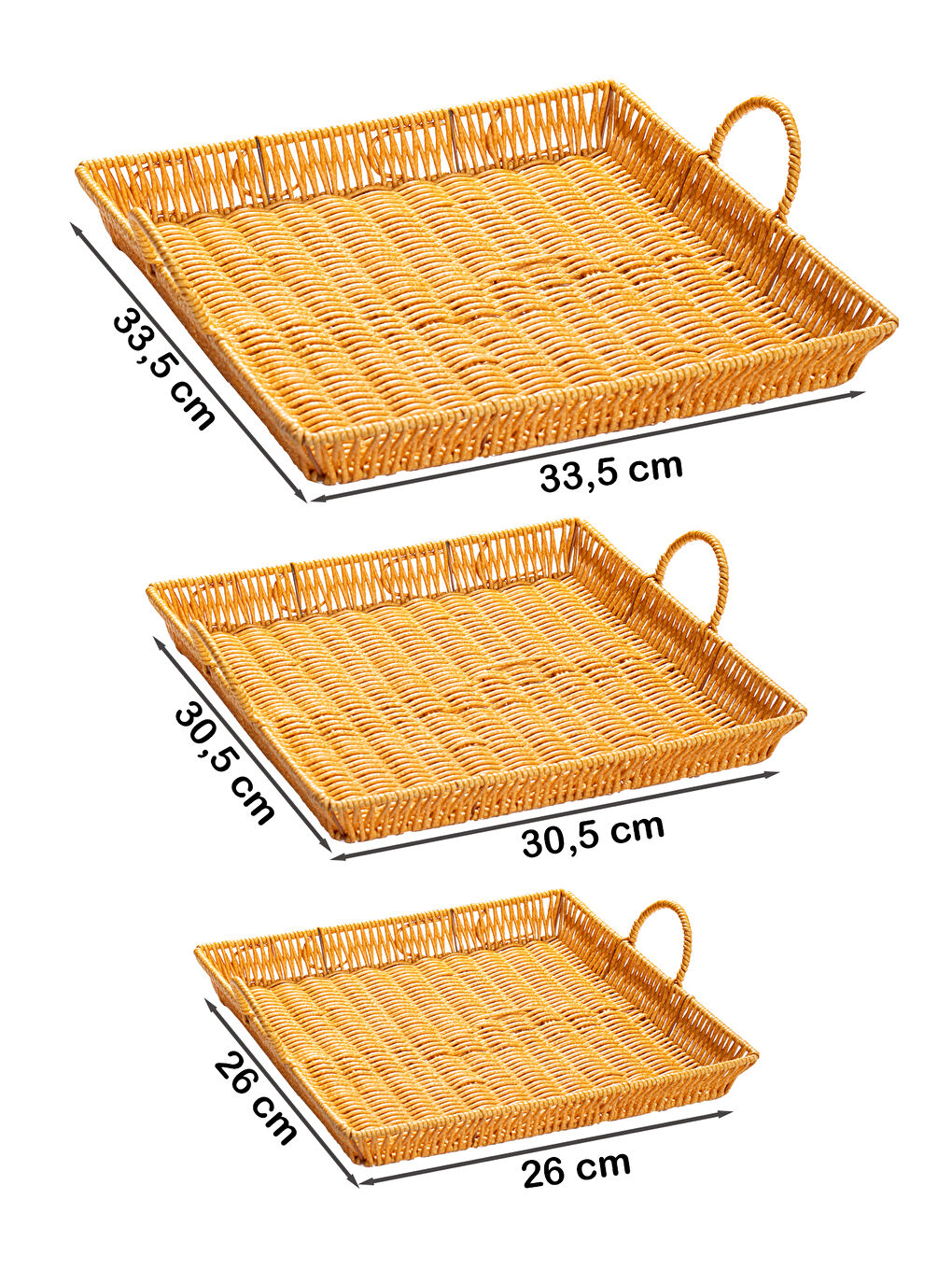 Kahverengi 709-B Kare 3'lü Dekoratif Ev Banyo Mutfak Düzenleyici Kulplu Hasır Sepet Seti Hasır Tepsi-3