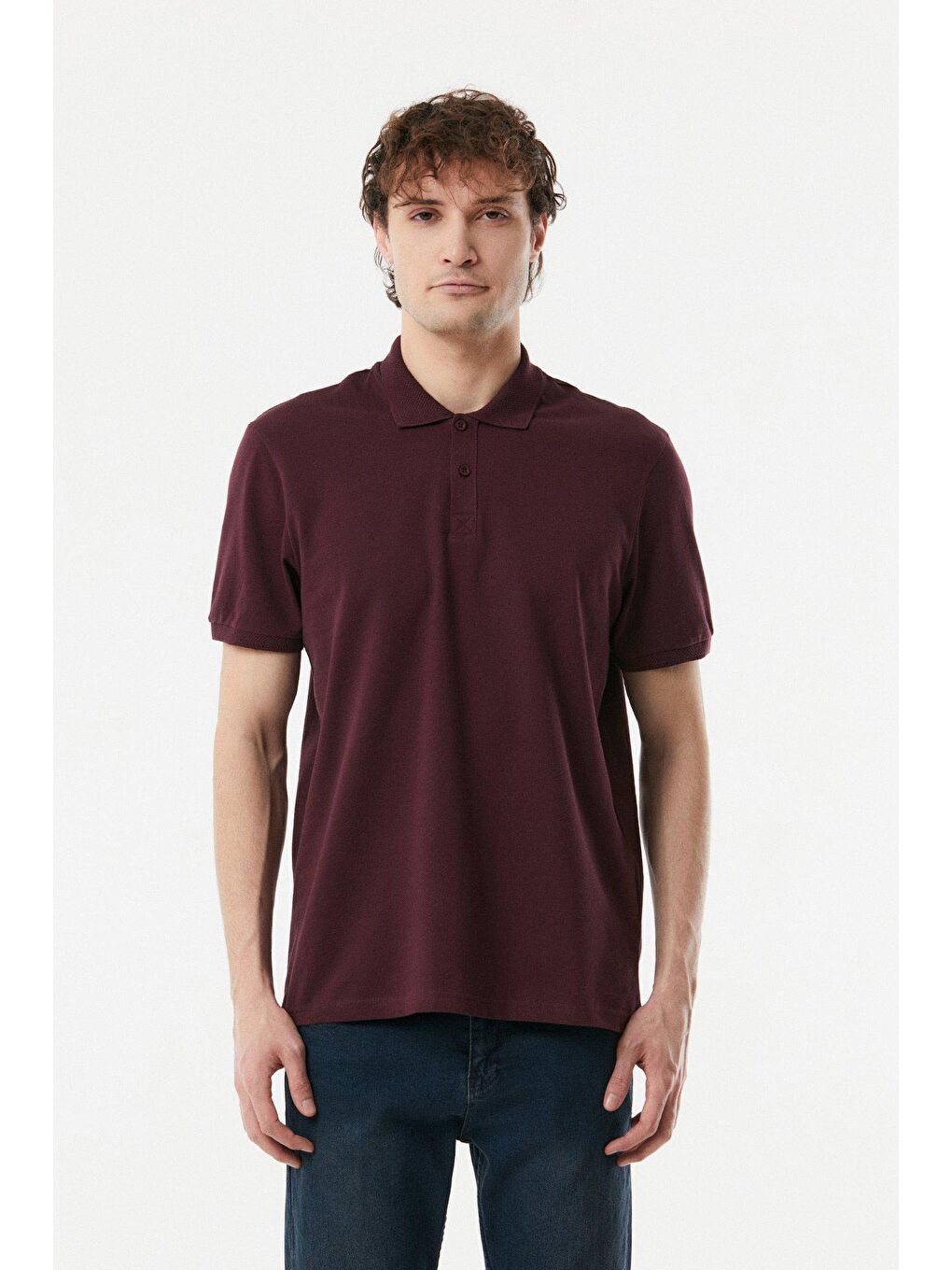 Bordo Basic Polo Yaka Düğmeli Tişört-4