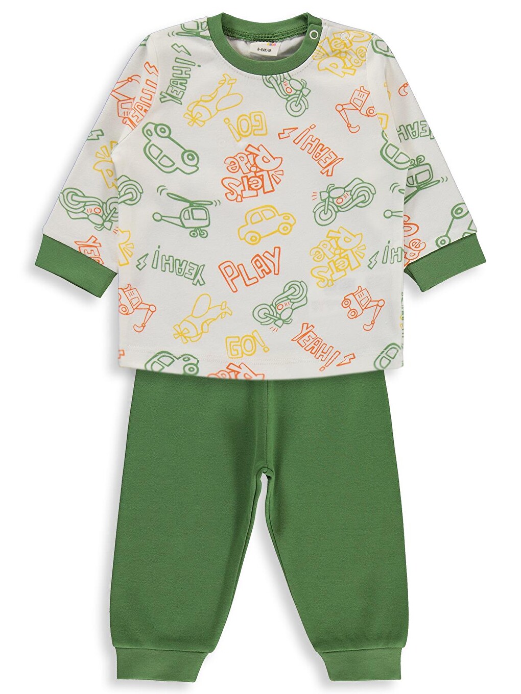 Beyaz Baby Araba Baskılı 6-18 Ay Pijama Takımı - Yeşil