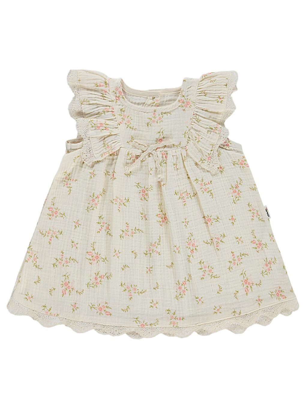 Ekru Baby Kol Fırfırlı Çiçek Baskılı 6-18 Ay Elbise - Bej