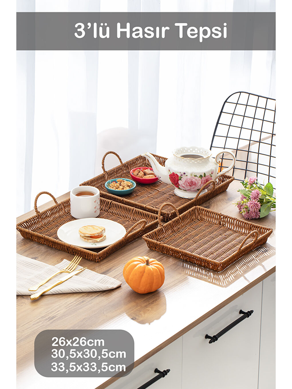 Kahverengi 709-C Kare 3'lü Dekoratif Ev Banyo Mutfak Düzenleyici Kulplu Hasır Sepet Seti Hasır Tepsi