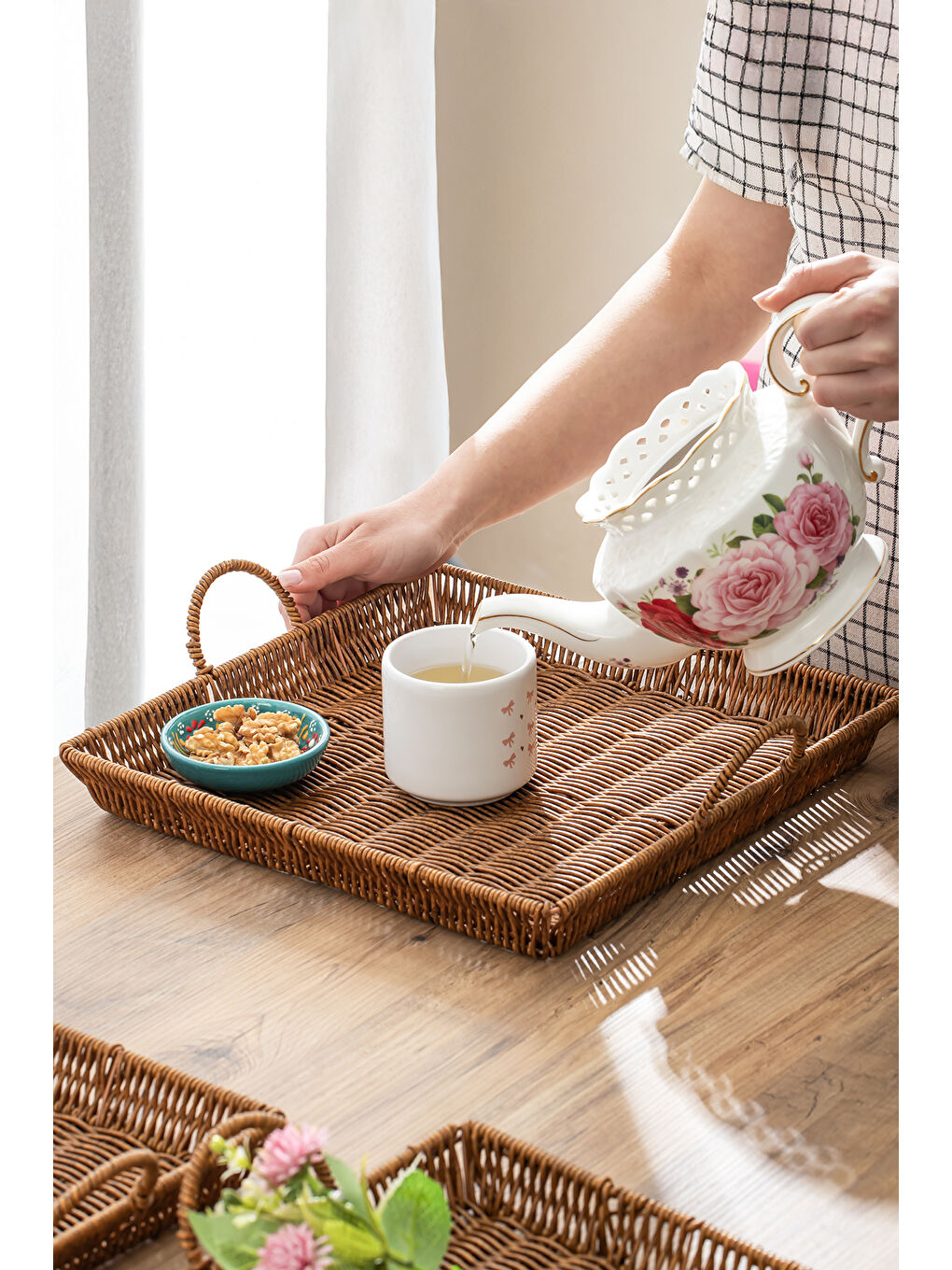 Kahverengi 709-C Kare 3'lü Dekoratif Ev Banyo Mutfak Düzenleyici Kulplu Hasır Sepet Seti Hasır Tepsi-1