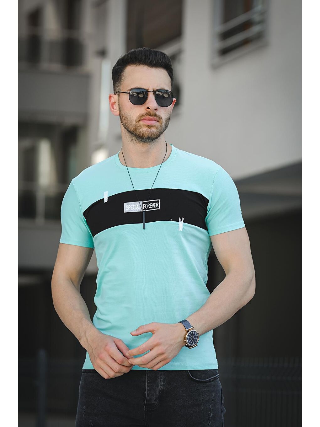 Turkuaz Forever Baskılı Parçalı Slim Fit Elastanlı Erkek Tshirt-1