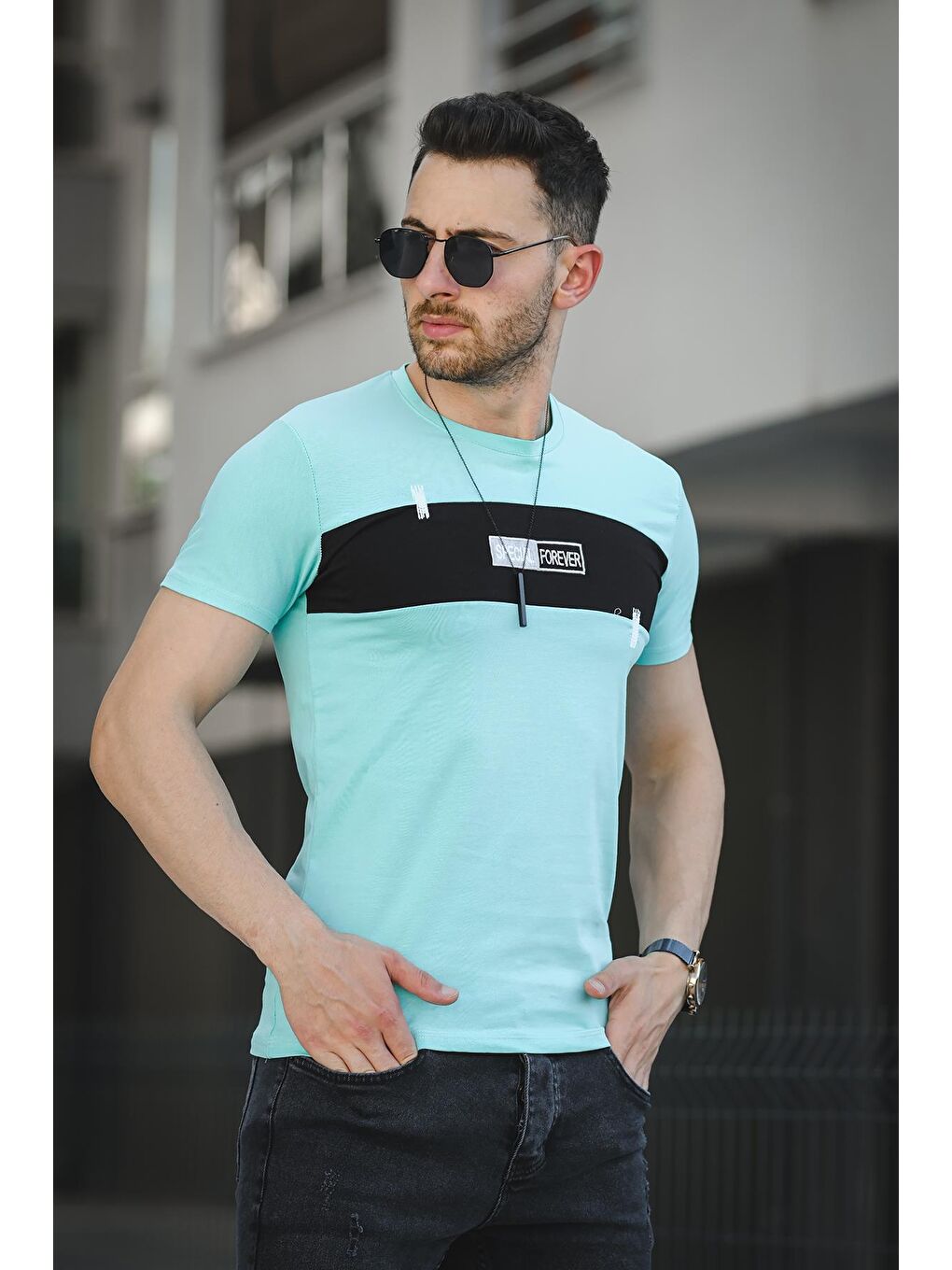 Turkuaz Forever Baskılı Parçalı Slim Fit Elastanlı Erkek Tshirt-2